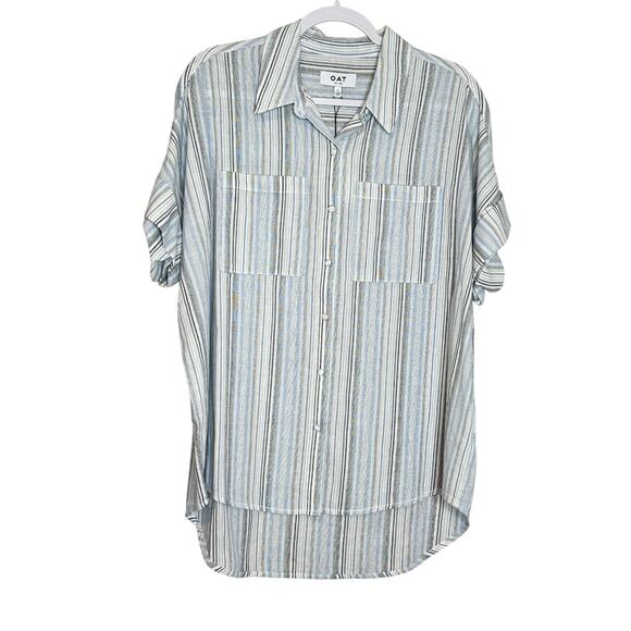 OAT Short Sleeve Blue Gray Striped Button Up Cotton Shirt Women’s Large NWT - Picture 2 of 8
